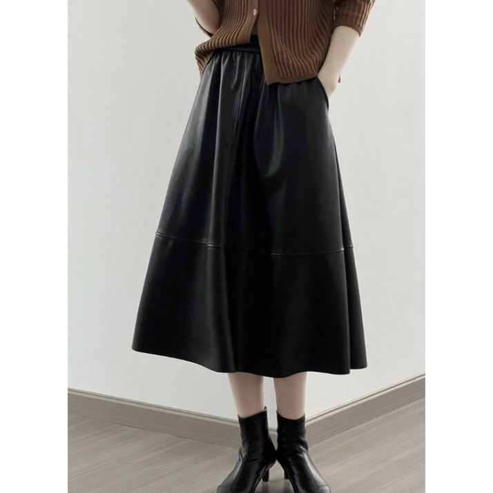 와이브 심플 레더 캐주얼 데일리 A라인 시크 롱스커트
