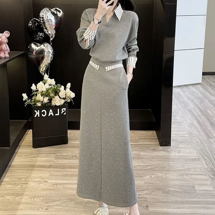 여성투피스 여성세트 티셔츠 + 스커트 블라우스 맨투맨 티 롱스커트 BCN7906 36