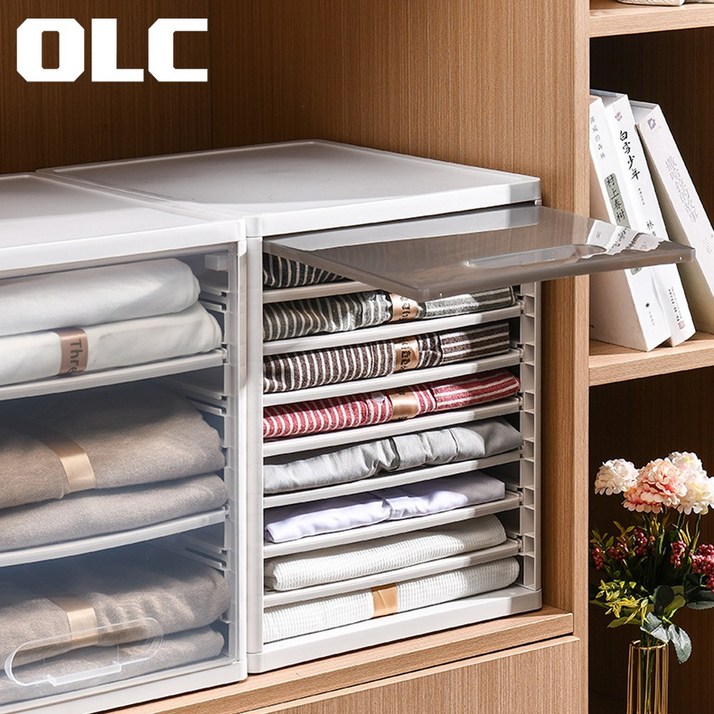OLC 슬라이딩 옷 정리 트레이 수납함 티셔츠 의류 수납, 1개, 스모크 반투명 커버