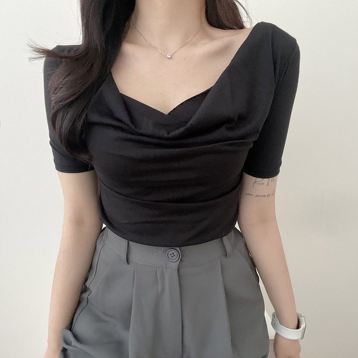 VANANA2 여성 국내제작 페미닌 청순 드레이프 투웨이 고급 반소매 티셔츠 VANANA2 여성 국내제작 페미닌 청순 드레이프 투웨이 고급 반소매 티셔츠