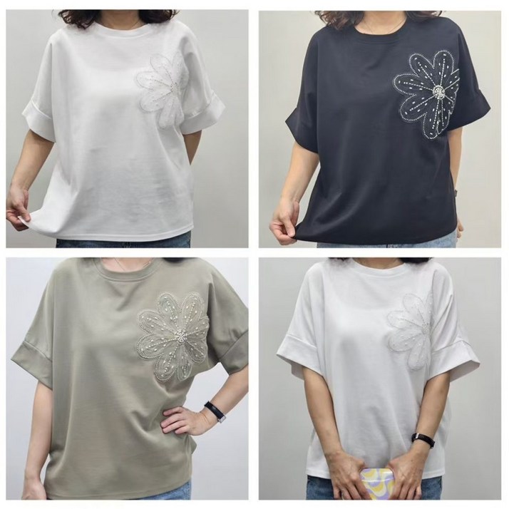 와이엔이 여성 루즈핏 가오리 플라워 비즈 면티셔츠 빅사이즈 라운드 반팔티