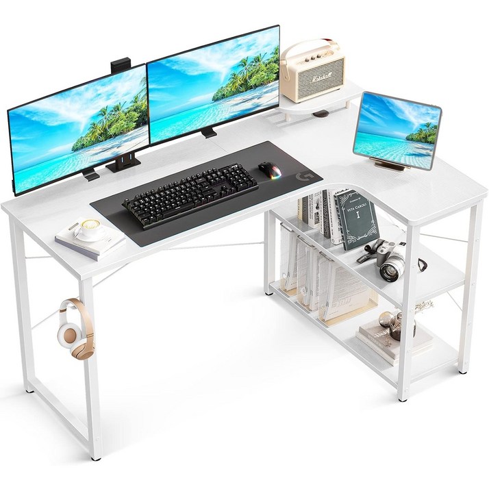 AODK 오른쪽 선반 코너형 컴퓨터 데스크,헤드셋 거치대 포함 책상 ㄱ자, 흰색