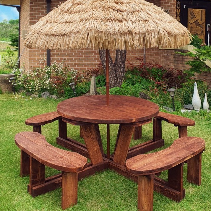 미엔우드 야외용 원형 원목 테이블파라솔 세트 야외 카페 정원 일체형 월넛색