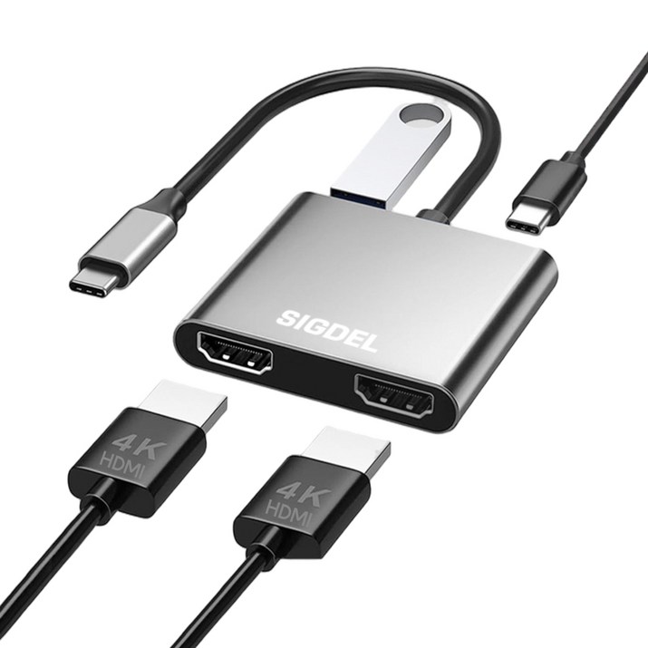 시그델 C타입 C TO HDMI 4in1 듀얼 모니터 2대 확장 3분할 연결 화면 분배기 4K 멀티 USB 3.0 PD90W 노트북 컴퓨터 젠더 허브 M01, 메탈실버, 1개