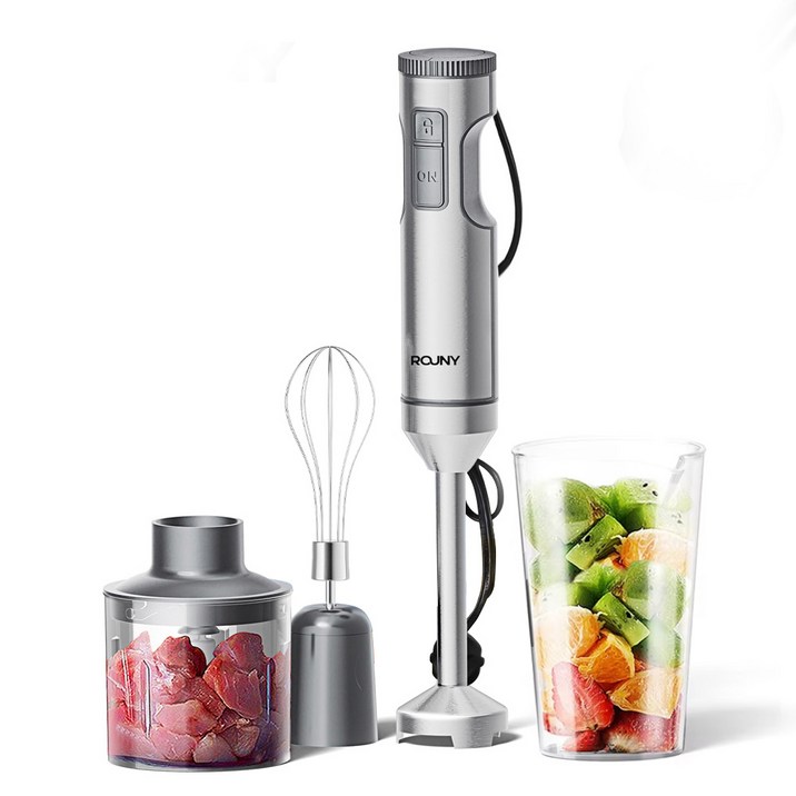 핸드 블렌더 800W 스테인리스 스틱 믹서기 4in1 구성 무단 속도 조절 안전 잠금 설계 700ml 믹싱컵 500ml 다지기 거품기 포함 ROUNY, H1