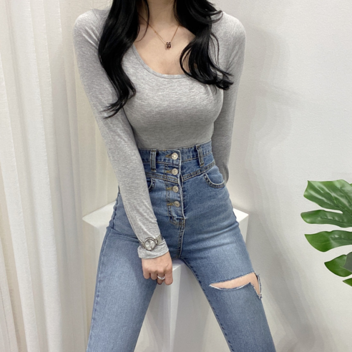 스트릿제이 모찌 유넥 슬림 긴팔 티셔츠