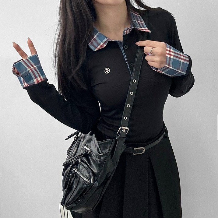 어나더뷰 2443 [일체형] 헤디 체크셔츠 레이어드 긴팔티셔츠 슬림핏 긱시크룩 페이크셔츠 긴팔 골지 자수 단추 니트