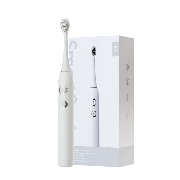 SmartSonic+ T6 음파 전동칫솔 + 칫솔모 4개 이중 모드 아침/저녁 사용, 1개, 화이트, T6