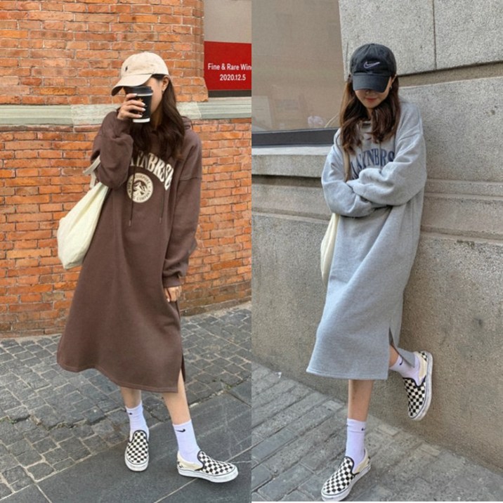 더에일 여성 롱 기모 후드 겨울 원피스