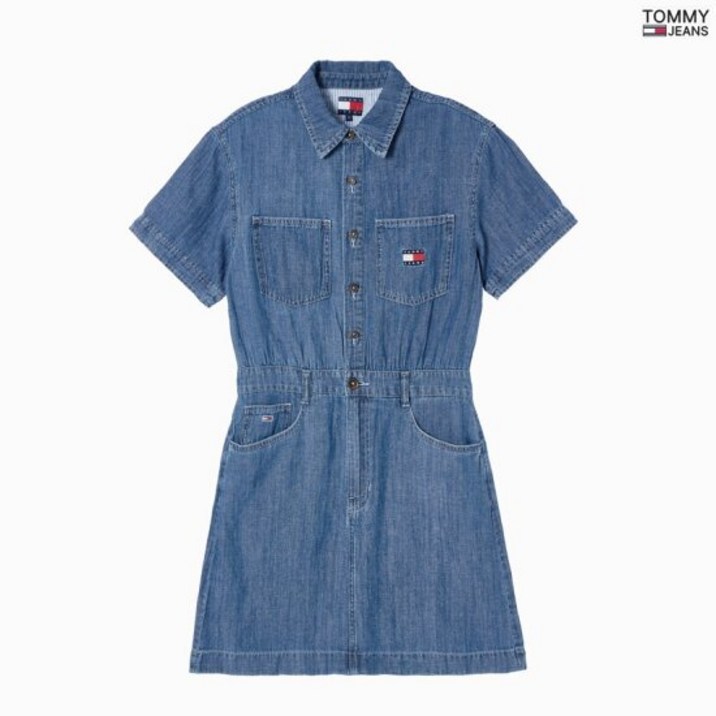 타미힐피거 데님 [타미진]여성 린넨 반팔셔츠 미니 원피스