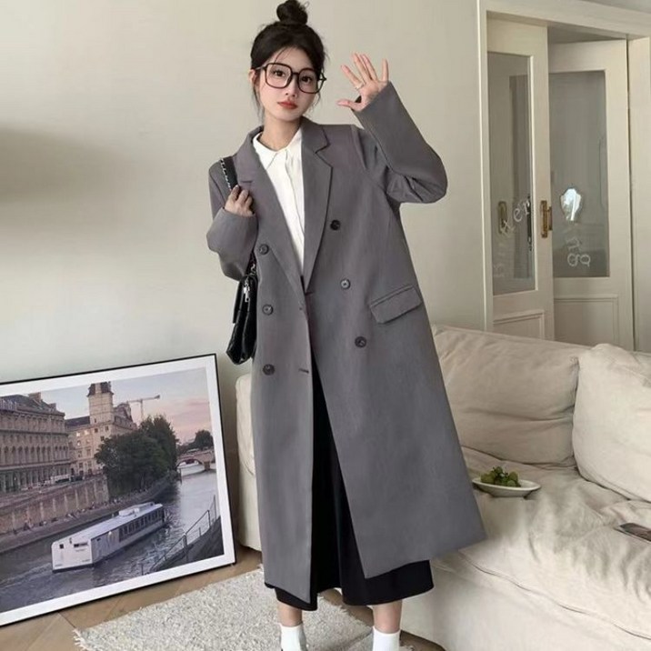COSYEVNO 여성 트렌치코트 가을 캐주얼 코트 더블 시크 데일리 통근 롱 일자 CXnsfy-2