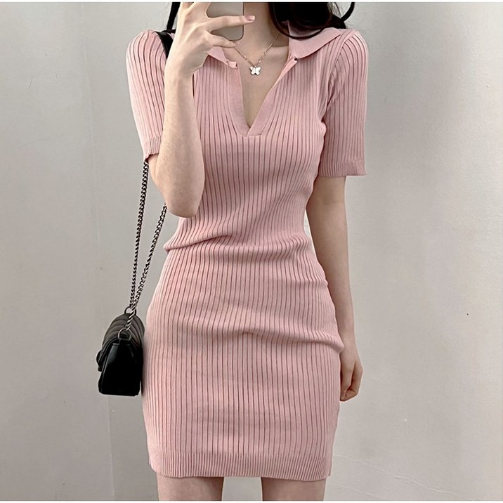 VERIT 글램 브이넥 골지 신축성 올킬 반팔원피스 VT628