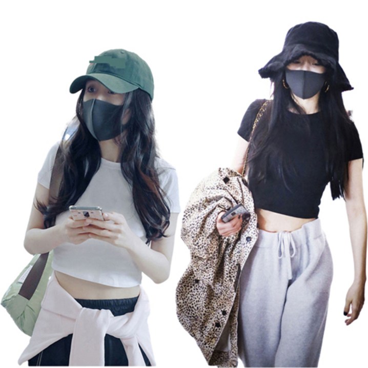블랙화이트 봄 여름 여자 무지 크롭티 배꼽티 슬림핏