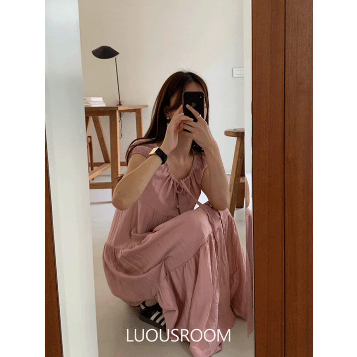 루어스룸 피치 여름 소매퍼프 레이어드 하객룩 롱 원피스2color