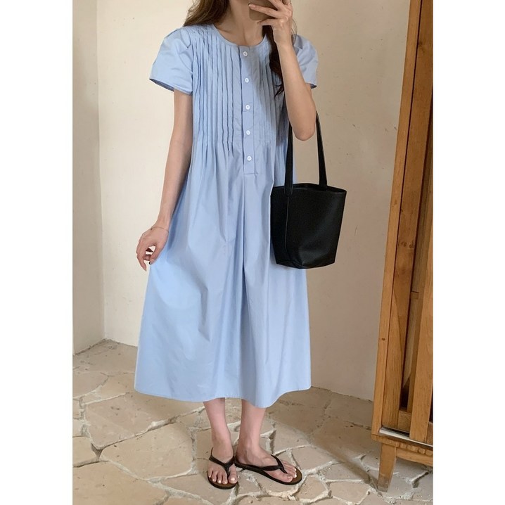 레이디 매직lady magic 여성 프렌치 라운드넥 셔링 셔츠형 반팔 롱 원피스