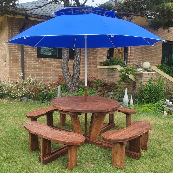 미엔우드 야외용 원형 원목 테이블 일체형 월넛색 파라솔 증정 야외 카페 정원