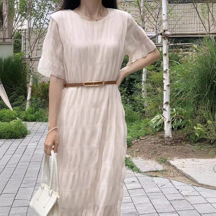 꾸꾸지민 루즈핏 반팔 프릴 롱 원피스 쉬폰 원피스