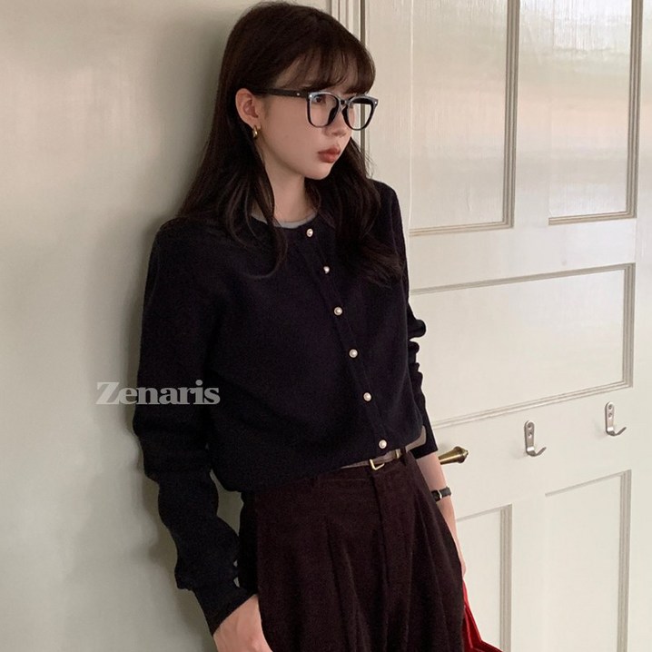 Zenaris 여성 니트 가디건 라운드넥 긴팔 스웨터 골드버튼 세미 크롭 긴소매 아우터 재킷