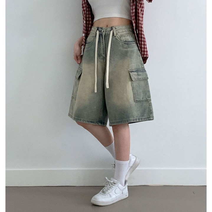 부기샵 세잇 브러쉬 워싱 스트링 카고 버뮤다 데님팬츠