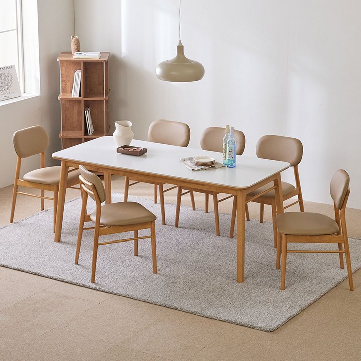 루리 세라믹 원목식탁 6인용 1800  의자6p 세트 방문설치, 내추럴프레임, 의자, 화이트상판, 일반의자 6