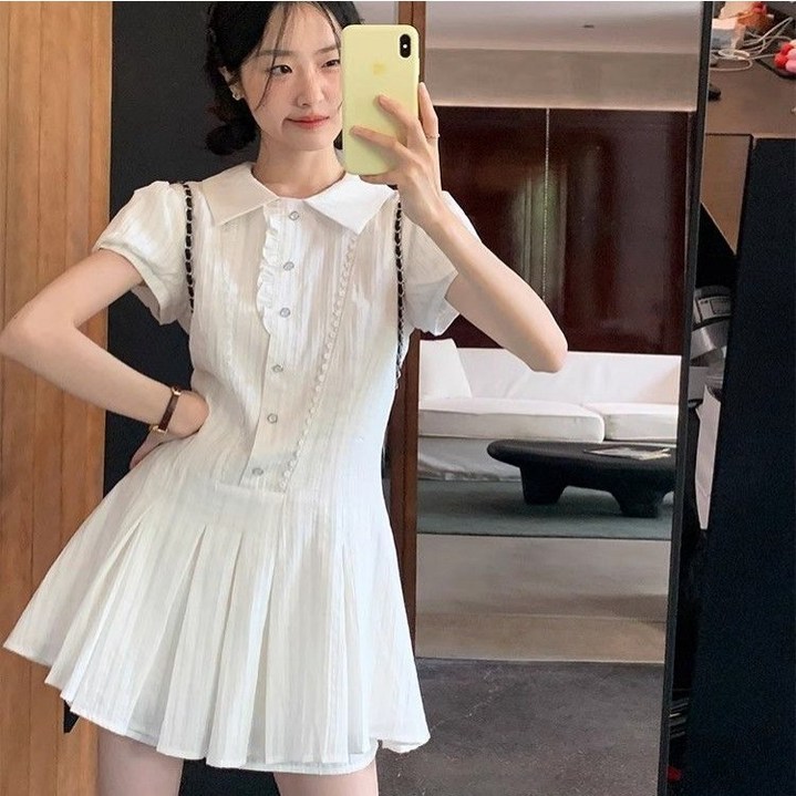 POMTOR 여성 A 라인 플리츠 셔츠형 미니 원피스