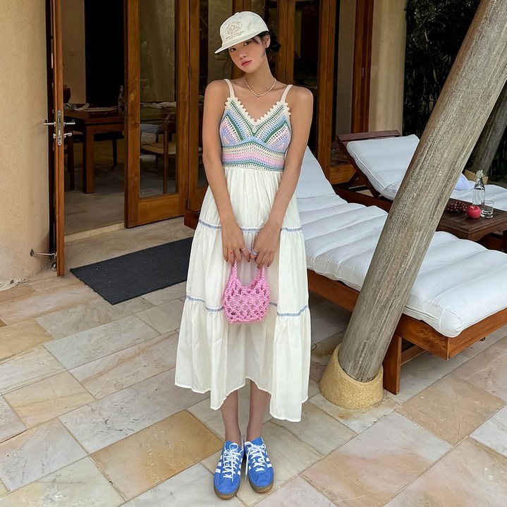 비치팜루미 뜨개 캉캉 원피스 나시 에스닉 비치웨어