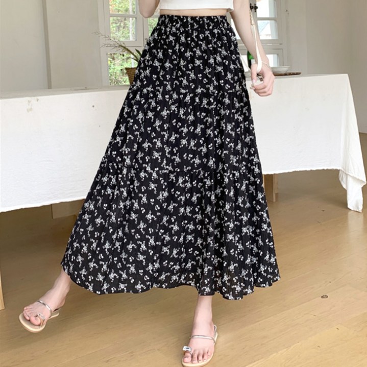 스토리원 WMSSSK027 여성 쉬폰 플라워 롱스커트 치마