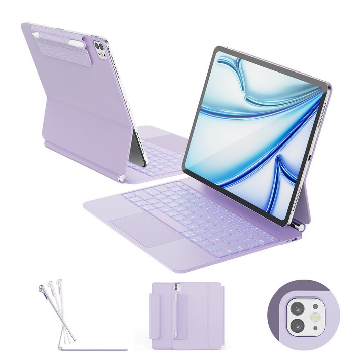 한국형 매직 키보드, 아이패드 에어 13 M3M2, 아이패드 프로 12.9 6543세대, 11색 백라이트 키트랙패드, 방오염 가죽, 퍼플, 1개