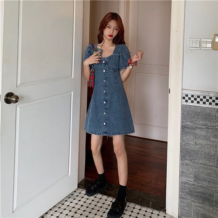 POMTOR여성용 여름 플러스사이즈 반팔 데님 미니 원피스