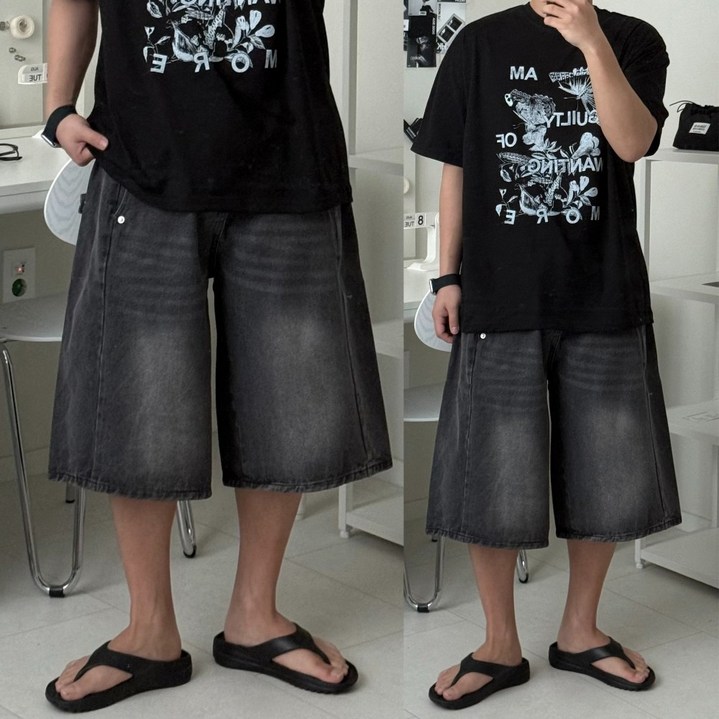 르위 버뮤다 와이드 밴딩 청반바지 하프 데님 팬츠 데일리 반바지