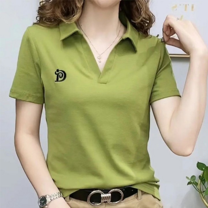 구디프 여성용 브이넥 카라 자수 반팔 티셔츠 구디프 여성용 브이넥 카라 자수 반팔 티셔츠