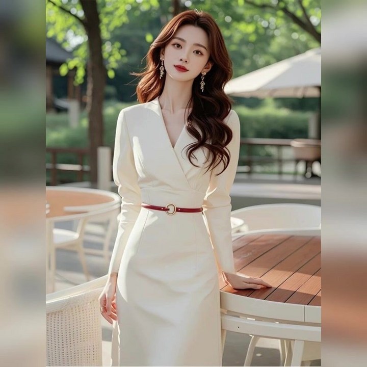 여성 정장 원피스 봄 가을 프렌치 우아한 브이넥 긴팔 원피스 여자 데일리 오피스룩 JS