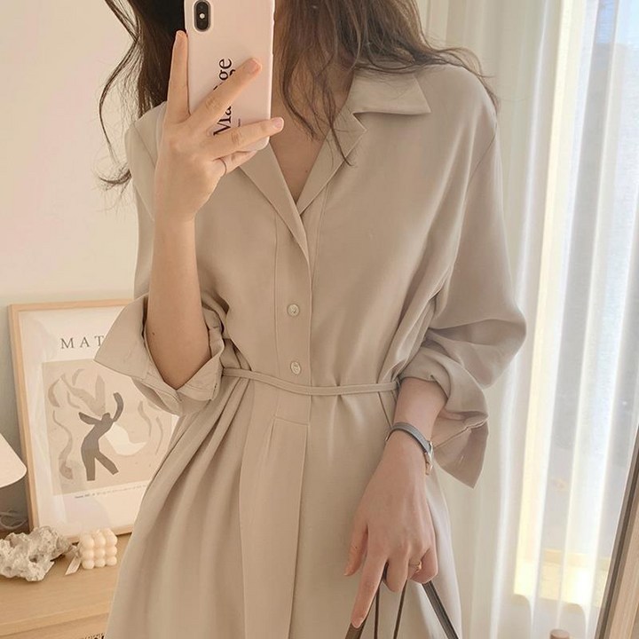ANYOU 어디에나 잘 어울리는 브이넥 허리밑단 트임 블라우스 뉴 프렌치 셔츠 롱 원피스