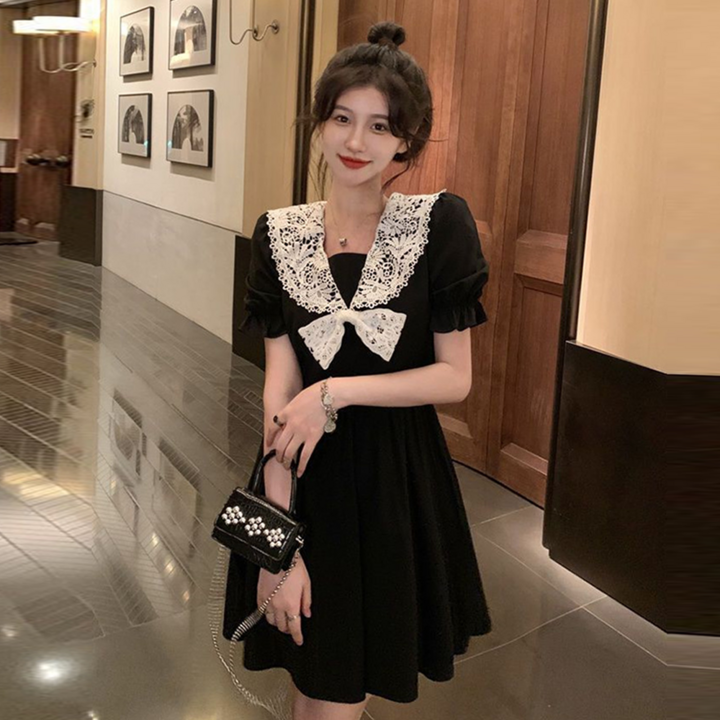 besteffie 여성 여름 레이스 장식 미니 원피스 귀여운 리본 디테일 퍼프 소매 A라인 드레스 K89