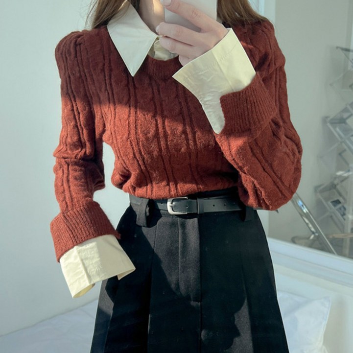 슈가펀 여성용 레이어드 셔츠 꽈배기 니트