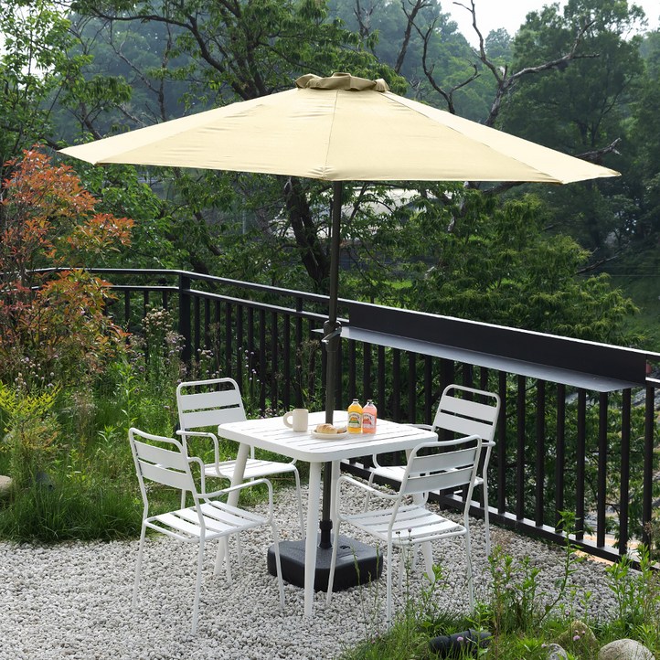 웰퍼니쳐 비바 야외 파라솔  테이블  의자 4인 세트 파라솔 방문설치, 베이지파라솔, 화이트테이블, 의자