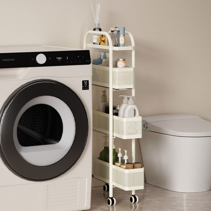 Fahomiss 틈새 선반 이동식 트롤리 슬라이딩 탄소강 수납장 다용도 수납함, 화이트, 3단