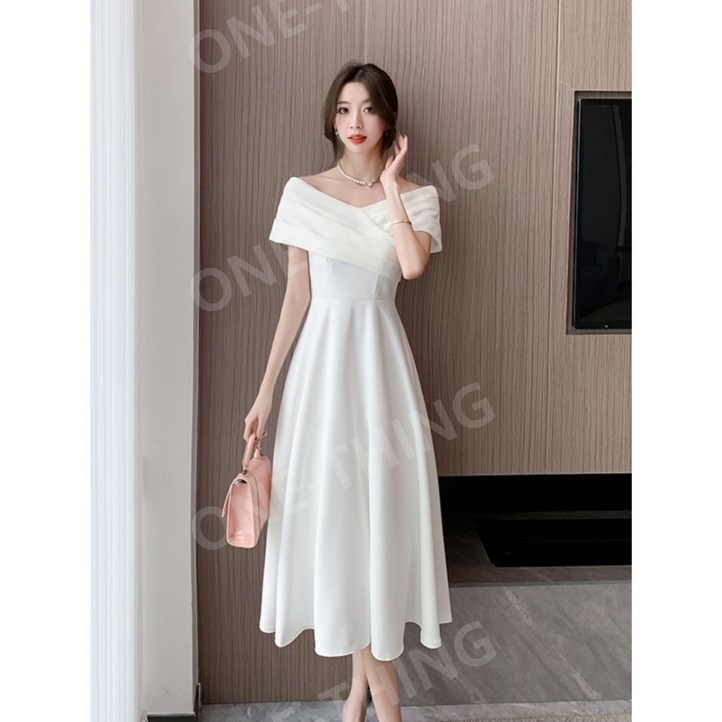 피로연 화이트 원피스 하객 고급 셀프웨딩 정장 2부드레스 촬영 오프숄더 반소매 하이웨이스트 드레스