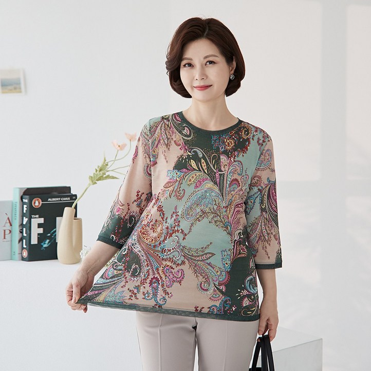 엄마옷 마담4060 끝단배색티셔츠TE203031