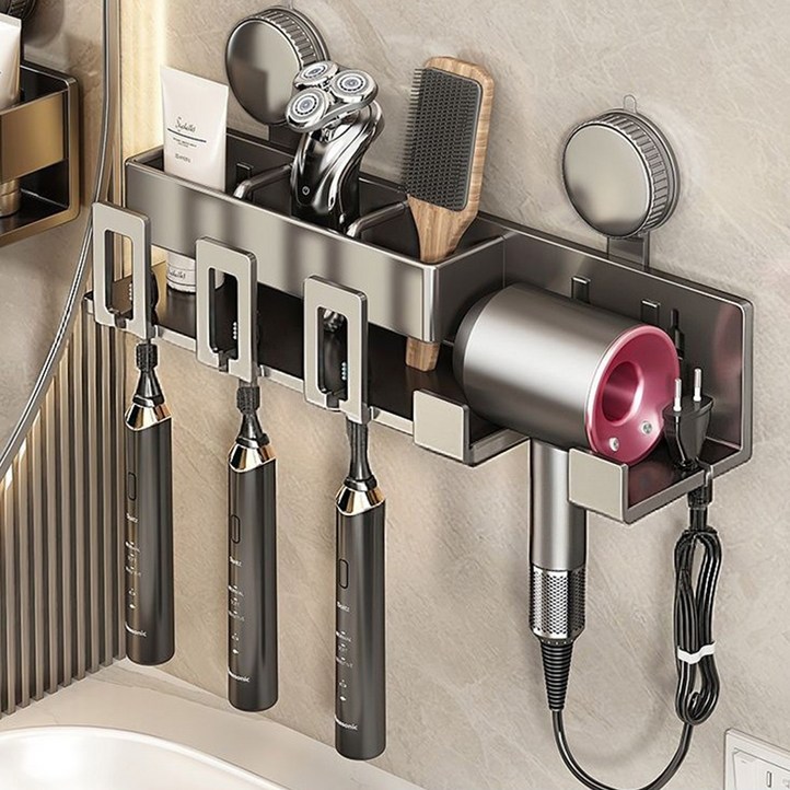 타리홈스 무타공 칫솔걸이 흡착식 칫솔 홀더 치약 양치컵 드라이기 거치대, 3구