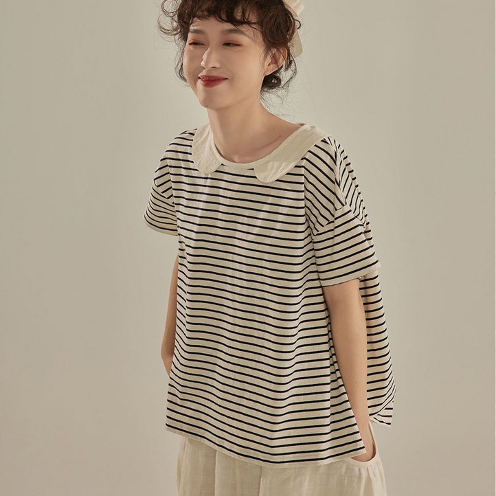 루스리더 여성 스트라이프 반팔 공주풍 티셔츠 M758