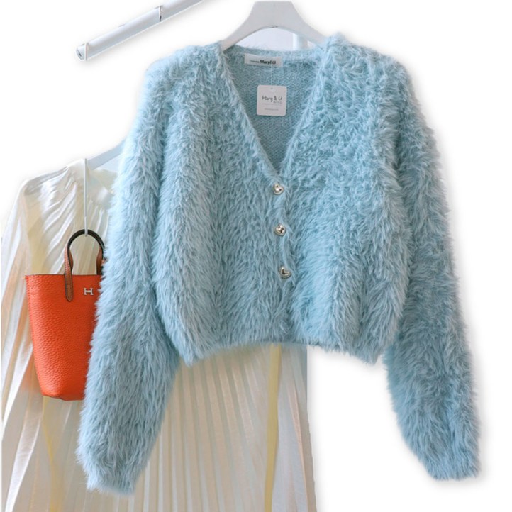 메리앤유 하트 단추 페이크 퍼 크롭 기장 복실 미니 가디건