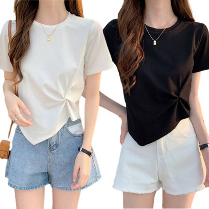 글램공식 여성 2개 꼬임 무지 크롭 반팔티