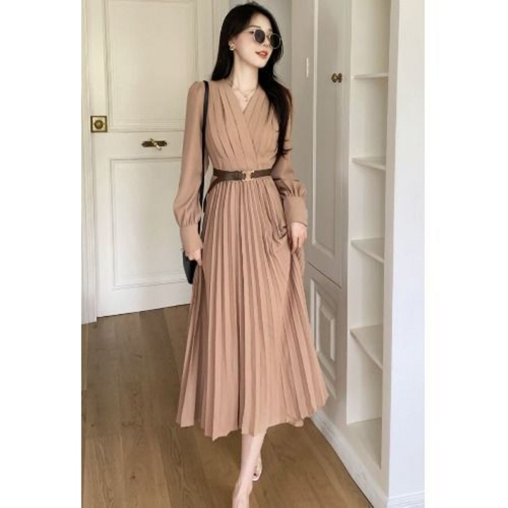 COSYEVNO  여성용 플리츠 롱 원피스 벨트 포함 봄 가을 LFHnslyq5