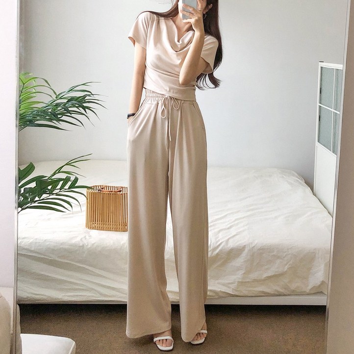 요시아나 당일발송 꾸안꾸 샤르네 드레이프 크롭 반팔티셔츠 롱팬츠 투피스 2컬러