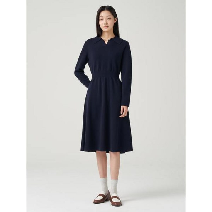 브랜드정품 빈폴레이디스 레이스 칼라 핏 앤 플레어 니트 원피스 네이비 BF415UC01R 간절기 브랜드 백화점