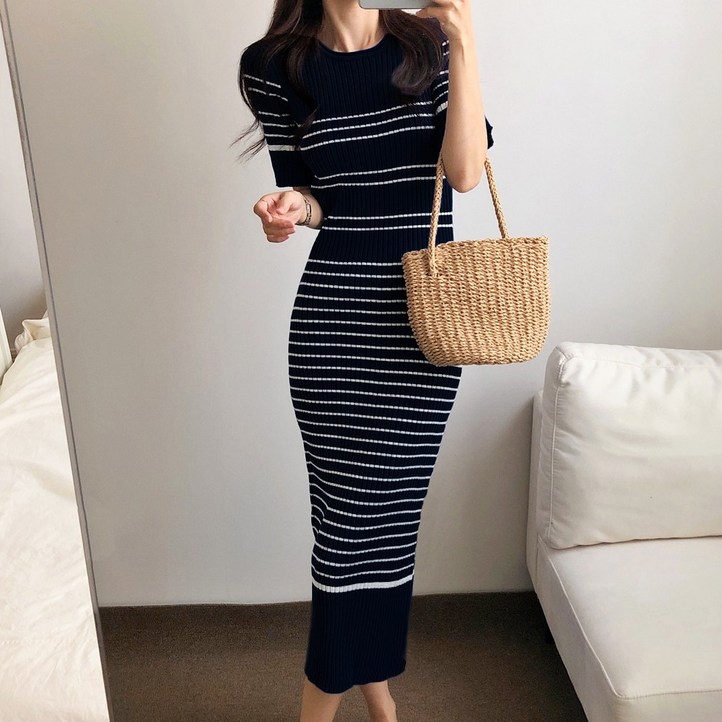 요시아나 당일발송 썸머 브리즈 슬림핏 골지 니트 롱 원피스 2컬러