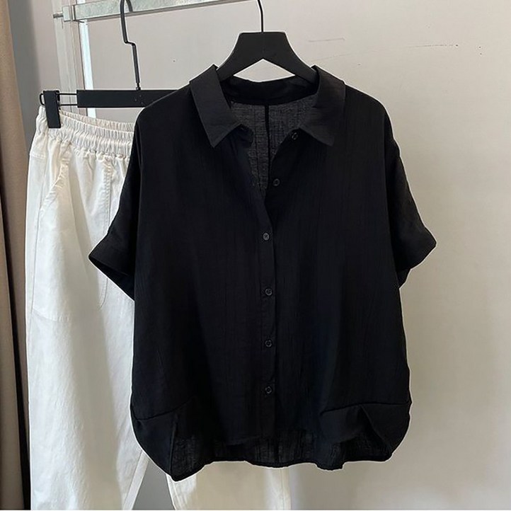 ROYALBELLE 여성 오버핏 싱글버튼 셔츠 카라넥 가오리핏 심플 남방 U0052607