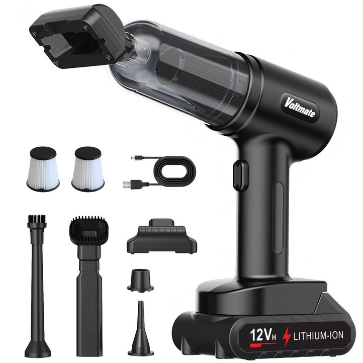 Voltmate 16000Pa 2단 조절 BLDC 강력 무선 리튬 배터리 핸디 차량용 청소기 LED 조명 배터리 잔량 표시 Type-C 포트, 블랙, VC033