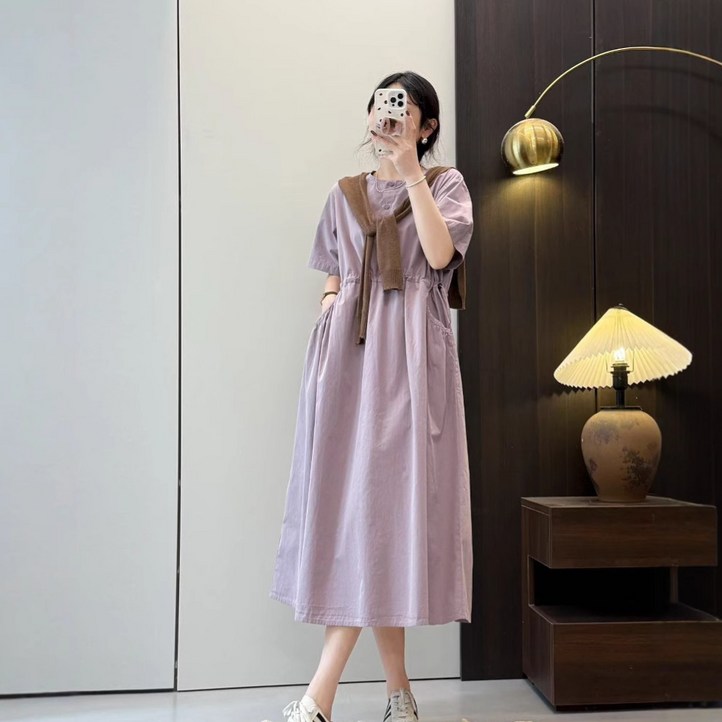 POMTOR 여성 반팔 솔리드 심플 원피스 허리 스트링 루즈핏 빅사이즈 롱 원피스